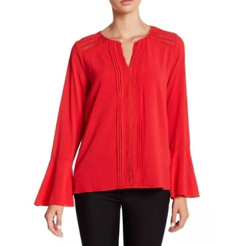 Tahari Red Beaded Bell Sleeves Blouse Top Size Medium